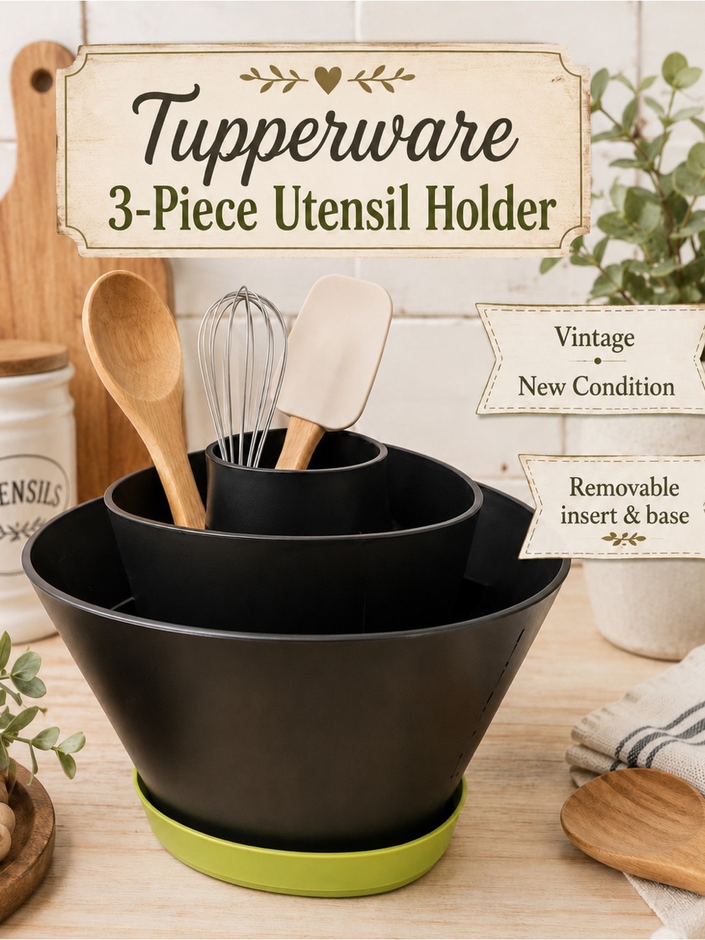Tupperware Black Utensil Organizer with Lime Green Base